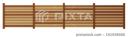 This scene showcases a fence from the front view. The fence consists of horizontal wooden slats and vertical posts. It stands alone on a clear background without any other elements present This scene showcases a fence from the front view. The fence consists of horizontal wooden slats and vertical posts. It stands alone on a clear background without any other elements present 142936088