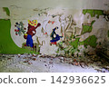 Peeling wall mural with cartoon character inside an abandoned kindergarten building 142936625