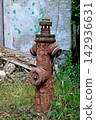 Old rusty fire hydrant standing in tall green grass outdoors 142936631