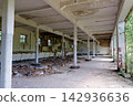 Interior of huge abandoned industrial hall with concrete columns and debris 142936636