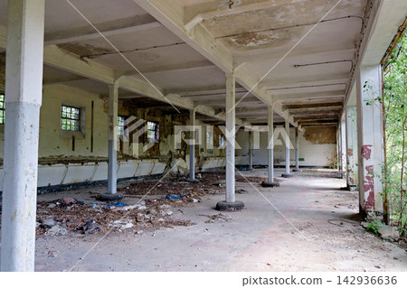 Interior of huge abandoned industrial hall with concrete columns and debris 142936636