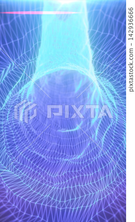 Cyan wireframe tunnel with glowing mesh lines, digital depth, and futuristic technology vortex in an abstract blue scene. Cyan wireframe tunnel with glowing mesh lines, digital depth, and futuristic technology vortex in an abstract blue scene. 142936666