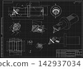 Mechanical engineering drawing of cutting tool on black background. Countersink construction with cutting insert, dimensions and sections. Technical machining blueprint. Vector illustration. 142937034