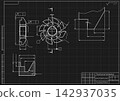 Mechanical engineering drawing of cutting tool on black background. Disc milling cutter profile with teeth, dimensions and sections. Technical machining blueprint. Vector illustration. 142937035