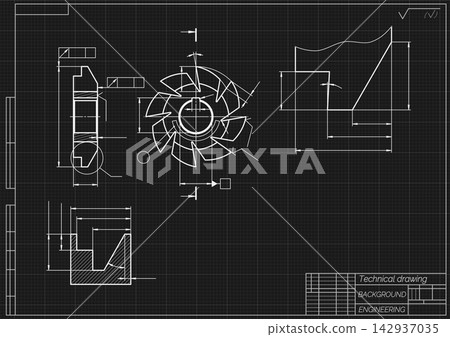 Mechanical engineering drawing of cutting tool on black background. Disc milling cutter profile with teeth, dimensions and sections. Technical machining blueprint. Vector illustration. Mechanical engineering drawing of cutting tool on black background. Disc milling cutter profile with teeth, dimensions and sections. Technical machining blueprint. Vector illustration. 142937035