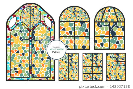 Decorative stained glass window shapes featuring intricate mosaic patterns in soft green yellow blue colors mosaic pattern architectural design colorful tiles glass art vector illustration Decorative stained glass window shapes featuring intricate mosaic patterns in soft green yellow blue colors mosaic pattern architectural design colorful tiles glass art vector illustration 142937128