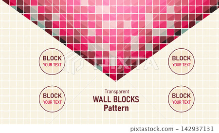 Transparent wall blocks pattern with pink mosaic triangle overlay and circular text placeholders pixelated background modern design geometric shapes transparent structure grid layout triangle Transparent wall blocks pattern with pink mosaic triangle overlay and circular text placeholders pixelated background modern design geometric shapes transparent structure grid layout triangle 142937131