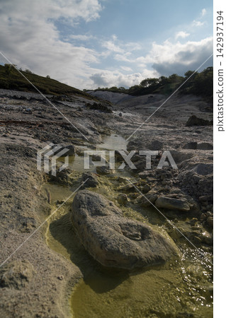 Sulfur-colored hot spring pool and rocks (Mount Osore, vertical orientation) Sulfur-colored hot spring pool and rocks (Mount Osore, vertical orientation) 142937194