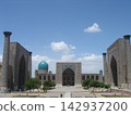 The magnificent scenery of Registan Square and the Madrasahs, a UNESCO World Heritage Site in Samarkand, Uzbekistan. 142937200