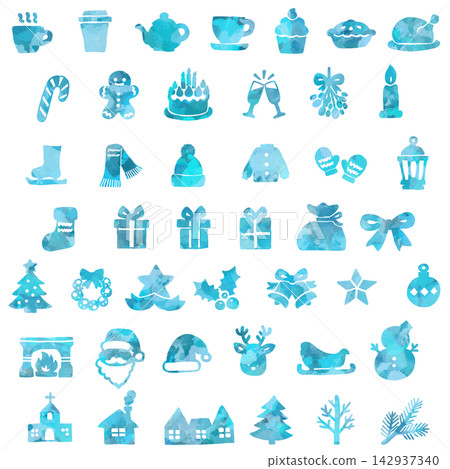 A set of hand-drawn style icons with Christmas motifs. 142937340