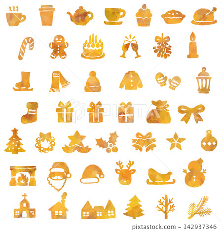 A set of hand-drawn style icons with Christmas motifs. 142937346