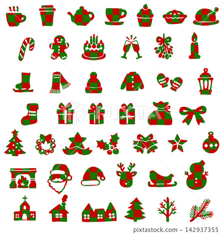 A set of hand-drawn style icons with Christmas motifs. 142937355