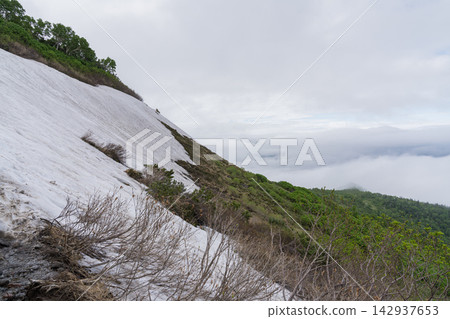 白雲岳的雪原和漂浮在雲海的山脈。 白雲岳的雪原和漂浮在雲海的山脈。 142937653