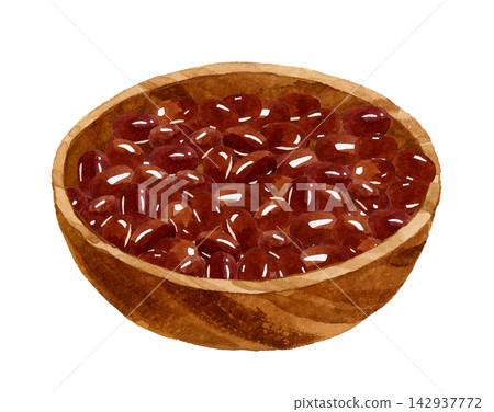 Red beans served in a wooden bowl - Hand-drawn watercolor illustration material Red beans served in a wooden bowl - Hand-drawn watercolor illustration material 142937772