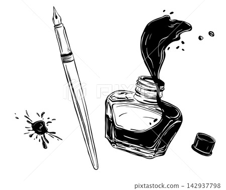 Hand drawn fountain pen and ink bottle for calligraphy, monochrome black and white illustration with dynamic ink splash. Vintage line art style, isolated on white. Ideal for logos, labels and cards. Hand drawn fountain pen and ink bottle for calligraphy, monochrome black and white illustration with dynamic ink splash. Vintage line art style, isolated on white. Ideal for logos, labels and cards. 142937798