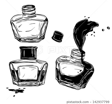 Hand drawn set of ink bottles for drawing, monochrome black and white ink illustration with splash and spilled ink. Vintage line art style, isolated on white. Great for logos, labels and packaging. 142937799