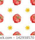 Seamless watercolor pattern with ripe tomatoes and yellow flowers. Bright, juicy, hand-painted vegetables for textiles, packaging, and wrapping paper. 142938570