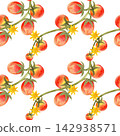 Seamless watercolor pattern featuring ripe cherry tomatoes on the vine. Bright, juicy, hand-painted vegetables suitable for textiles, packaging, and wrapping paper. 142938571