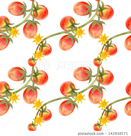 Seamless watercolor pattern featuring ripe cherry tomatoes on the vine. Bright, juicy, hand-painted vegetables suitable for textiles, packaging, and wrapping paper. Seamless watercolor pattern featuring ripe cherry tomatoes on the vine. Bright, juicy, hand-painted vegetables suitable for textiles, packaging, and wrapping paper. 142938571