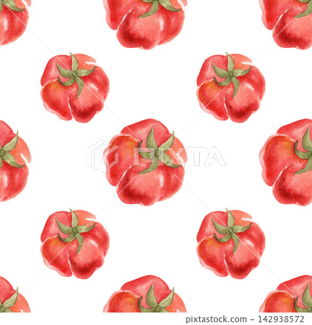 Seamless watercolor pattern featuring large, ripe tomatoes. Bright, juicy hand-drawn vegetables for textiles, packaging, and wrapping paper 142938572