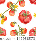 Seamless watercolor pattern featuring large, ripe cherry tomatoes on the vine. Bright, juicy hand-drawn vegetables for textiles, packaging, and wrapping paper 142938573