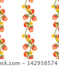 Seamless watercolor pattern with ripe cherry tomatoes and flowers. Bright, juicy hand-drawn vegetables for textiles, packaging, and wrapping paper 142938574