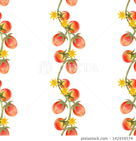 Seamless watercolor pattern with ripe cherry tomatoes and flowers. Bright, juicy hand-drawn vegetables for textiles, packaging, and wrapping paper Seamless watercolor pattern with ripe cherry tomatoes and flowers. Bright, juicy hand-drawn vegetables for textiles, packaging, and wrapping paper 142938574