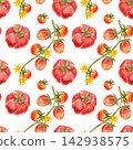 Seamless watercolor pattern featuring large, ripe tomatoes and cherry tomatoes on the vine. Bright, juicy hand-drawn vegetables for textiles, packaging, and wrapping 142938575