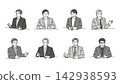 A set of 8 vector illustrations of a male business person making a pottery wheel gesture during an interview. 142938593