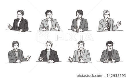 A set of 8 vector illustrations of a male business person making a pottery wheel gesture during an interview. A set of 8 vector illustrations of a male business person making a pottery wheel gesture during an interview. 142938593