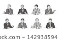 A set of 8 vector illustrations of a senior male businessperson making a pottery wheel gesture during an interview. 142938594