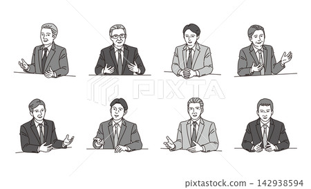 A set of 8 vector illustrations of a senior male businessperson making a pottery wheel gesture during an interview. A set of 8 vector illustrations of a senior male businessperson making a pottery wheel gesture during an interview. 142938594