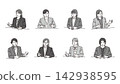 A set of 8 vector illustrations of a female business person making a pottery wheel gesture during an interview. 142938595