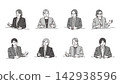 A set of 8 vector illustrations of a senior female business person making a pottery wheel gesture during an interview. 142938596