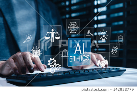 AI Ethics and Governance in Artificial Intelligence. Businessman typing keyboard with icons representing ethics, law, and governance in AI, importance of responsible AI usage, ethical decision-making AI Ethics and Governance in Artificial Intelligence. Businessman typing keyboard with icons representing ethics, law, and governance in AI, importance of responsible AI usage, ethical decision-making 142938779