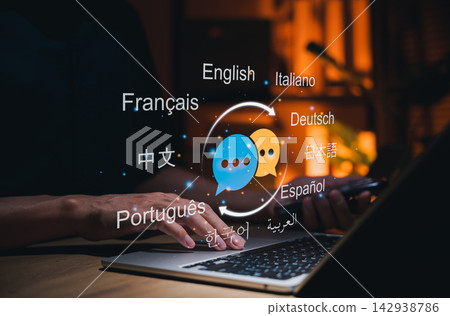 Multilingual Language Translation Technology Concept. Person typing on laptop with virtual multilingual communication, translate technology, global connectivity for international communication Multilingual Language Translation Technology Concept. Person typing on laptop with virtual multilingual communication, translate technology, global connectivity for international communication 142938786