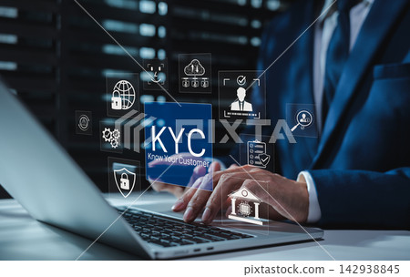 KYC know your customer identity verification concept. Businessman using laptop with icons of facial recognition scan, digital bank institution, privacy, compliance checklist, user onboarding process KYC know your customer identity verification concept. Businessman using laptop with icons of facial recognition scan, digital bank institution, privacy, compliance checklist, user onboarding process 142938845