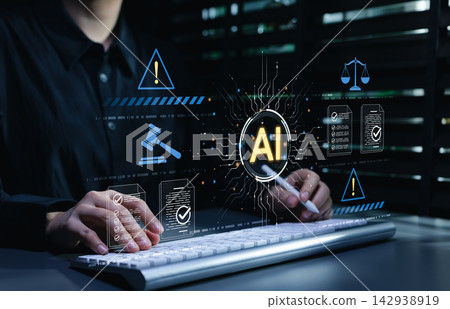 Artificial intelligence regulation law and AI ethics compliance governance system concept. Lawyer typing on keyboard to audit digital legal policy, data risk rule, regulatory review ethical governance Artificial intelligence regulation law and AI ethics compliance governance system concept. Lawyer typing on keyboard to audit digital legal policy, data risk rule, regulatory review ethical governance 142938919