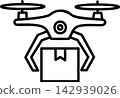 Delivery drone quad copter aircraft flying with package 142939026