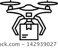 Air cargo quad copter drone lifting shipment box 142939027