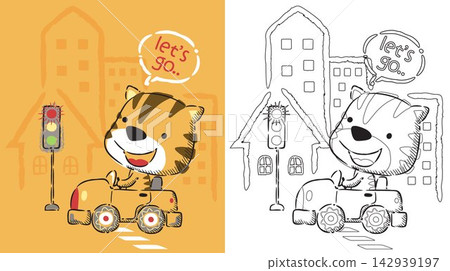 Coloring book cartoon of funny cat driving car in the city road elements in hand drawn style Coloring book cartoon of funny cat driving car in the city road elements in hand drawn style 142939197