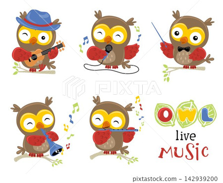 Group of funny owl cartoon illustration in music performance Group of funny owl cartoon illustration in music performance 142939200