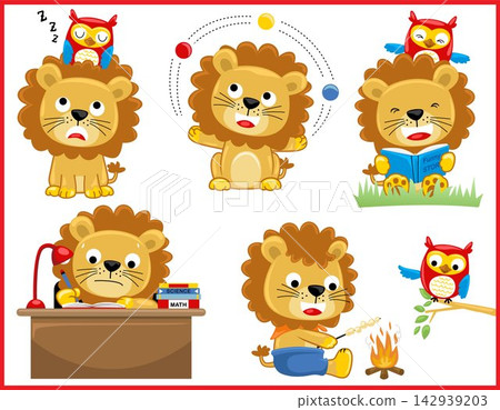 Group of funny lion cartoon with owl in different activities Group of funny lion cartoon with owl in different activities 142939203