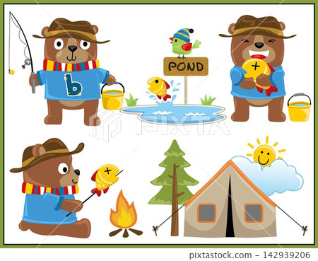 Group of cute bear cartoon in different activities with camping elements Group of cute bear cartoon in different activities with camping elements 142939206