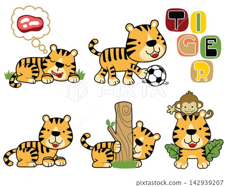 Group of funny tiger cartoon with monkey in different activities Group of funny tiger cartoon with monkey in different activities 142939207