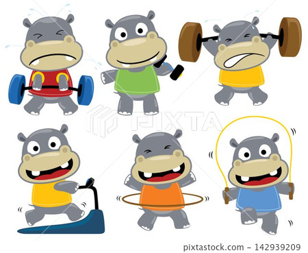 Group of funny hippo cartoon in different sports activities Group of funny hippo cartoon in different sports activities 142939209