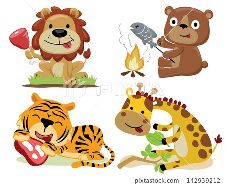 Group of funny animals cartoon with foods Group of funny animals cartoon with foods 142939212