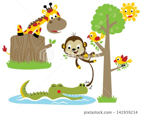 Group of funny animals cartoon in forest with smiling sun Group of funny animals cartoon in forest with smiling sun 142939214