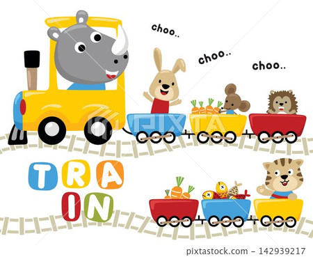 Funny animals cartoon with foods on steam train Funny animals cartoon with foods on steam train 142939217