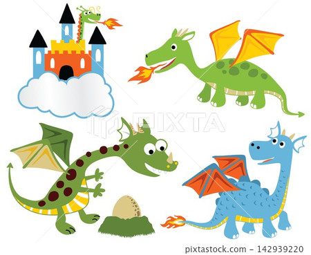 Group of funny dragon cartoon with castle Group of funny dragon cartoon with castle 142939220
